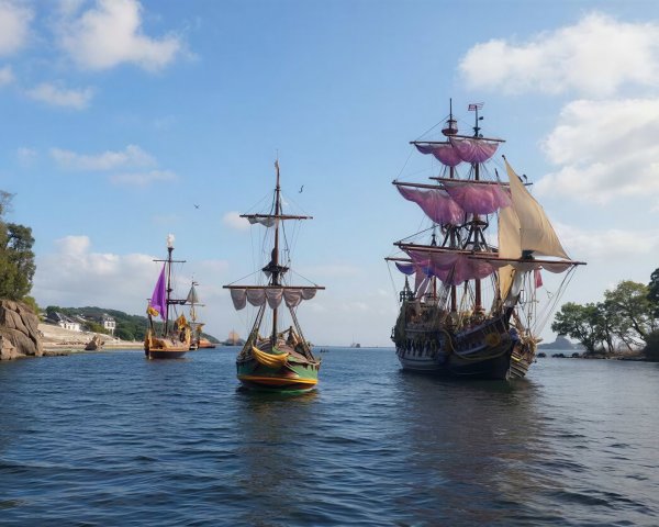 Colorful Pirate Ships on Blue Ocean Under Sky