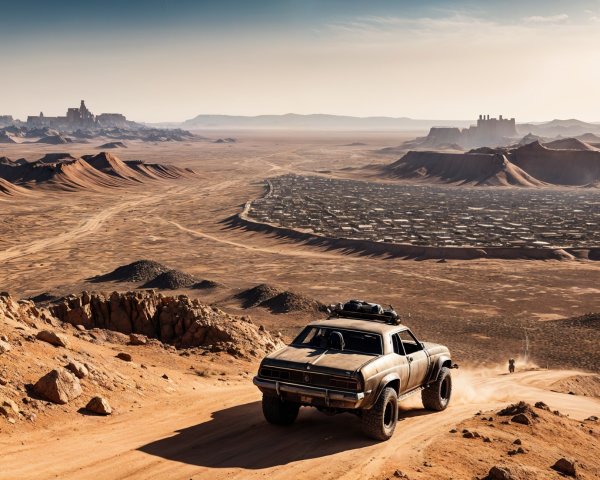 Modified Vehicle in Desert with Ancient City Background