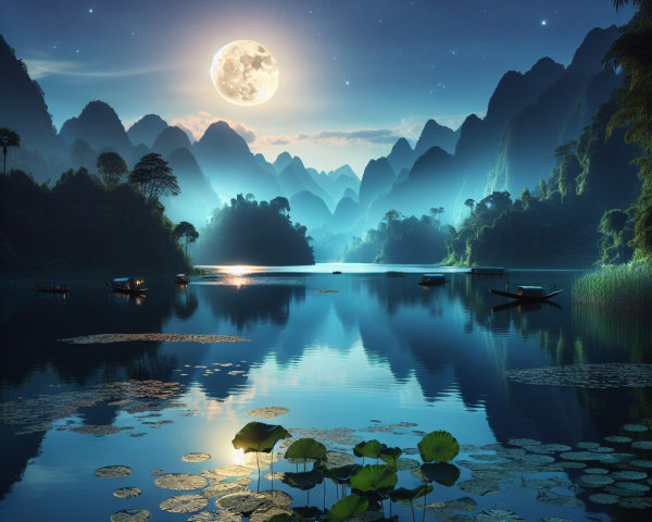 Moonlit Landscape Over Tranquil Lake and Mountains