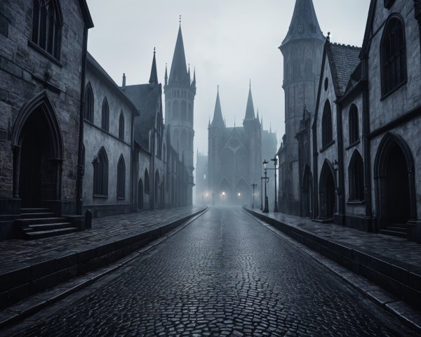 Foggy Cobblestone Street Among Gothic Architecture