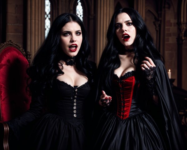 Gothic Scene with Two Women in Dark Elegant Gowns