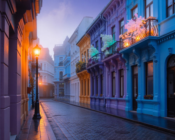 Misty Street Scene with Colorful Buildings and Greenery