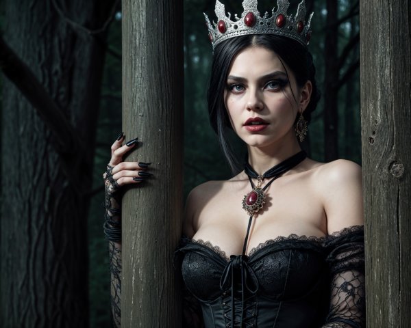 Mysterious Woman in Dark Forest with Regal Attire