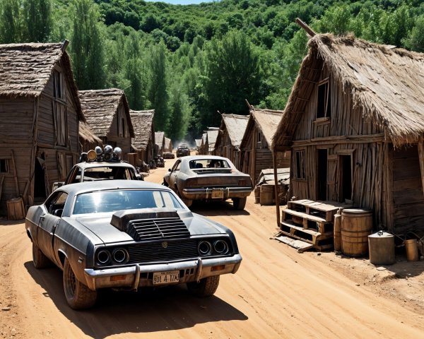 Dirt Road Through Rustic Village with Vintage Cars