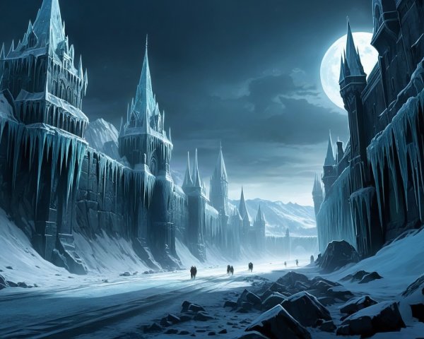 Ice-Capped Castle in a Moonlit Snowy Landscape