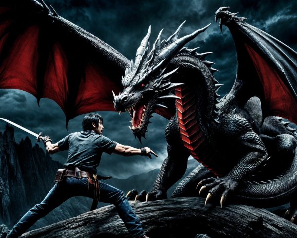 Heroic Warrior Faces Black Dragon in Dramatic Battle