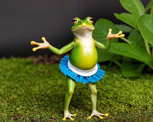 Whimsical Frog in Tutu on Mossy Background