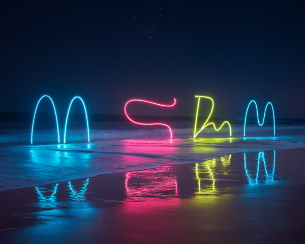 Serene Night Beach Scene with Neon Light Trails