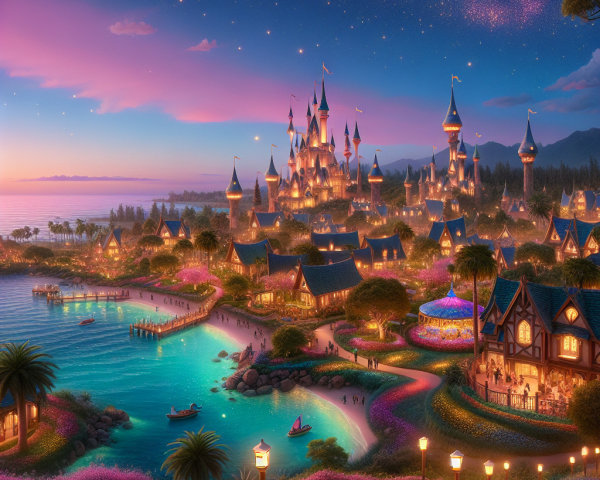 Magical Sunset Over a Castle and Serene Landscape