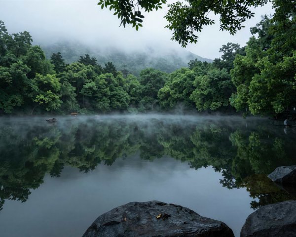 Misty Lake Surrounded by Lush Green Trees and Mountains