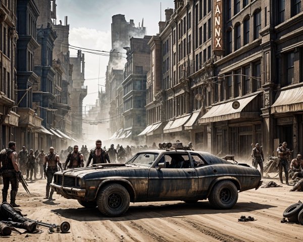 Post-Apocalyptic Cityscape with Gritty Figures and Car