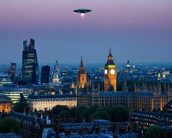 Twilight View of London with UFO and Iconic Landmarks