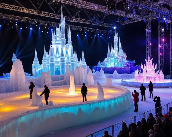 Intricate Ice Castle with Colorful Lighting Effects