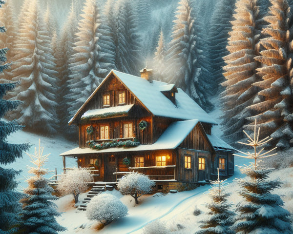 Cozy Wooden Cabin in a Snowy Forest Setting
