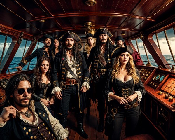 Pirates in 18th-Century Attire Aboard a Ship