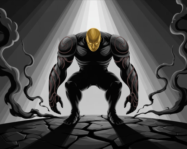 Humanoid Figure with Tattoos and Golden Head in Light