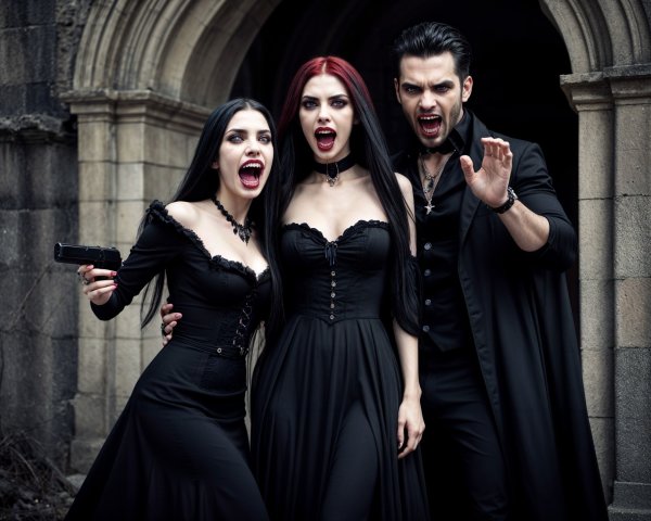 Gothic Trio in Dark Archway with Vampire Theme