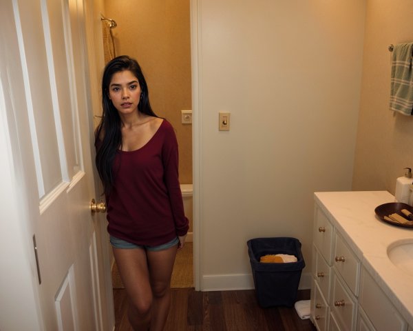 Young Woman by Open Bathroom Door in Casual Setting