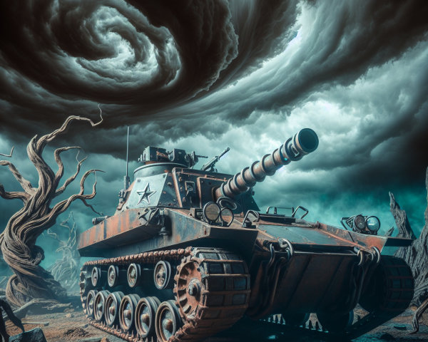 Weathered Tank in Desolate Landscape Under Ominous Sky