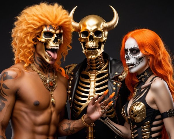 Three Halloween-Themed Figures with Skeleton Makeup