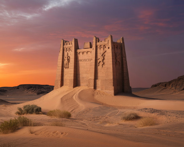 Stone Fortress on Sand Dune at Sunset