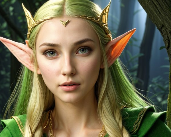 Fantasy Character with Green Hair in Forest Setting