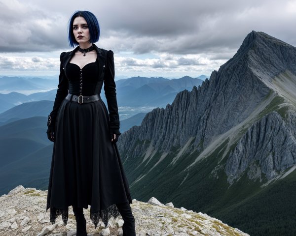 Elegant figure in black gown on rocky mountain peak