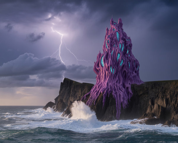 Surreal Landscape with Purple Structure and Stormy Ocean