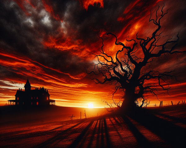 Twisted Tree and Mansion in Vibrant Sunset Landscape