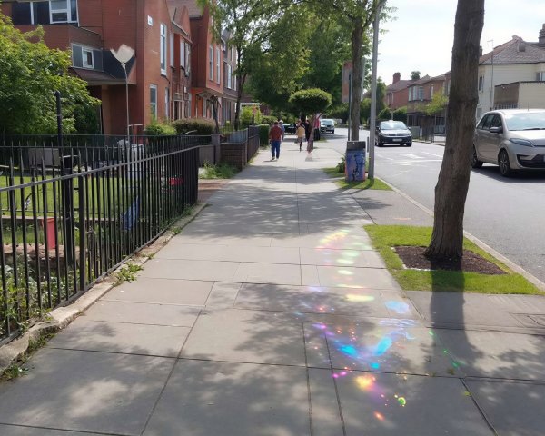 Urban Sidewalk with Colorful Oil Spill Reflection