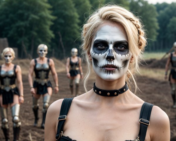 Dramatic Outdoor Scene with Skull Face Paint Figures