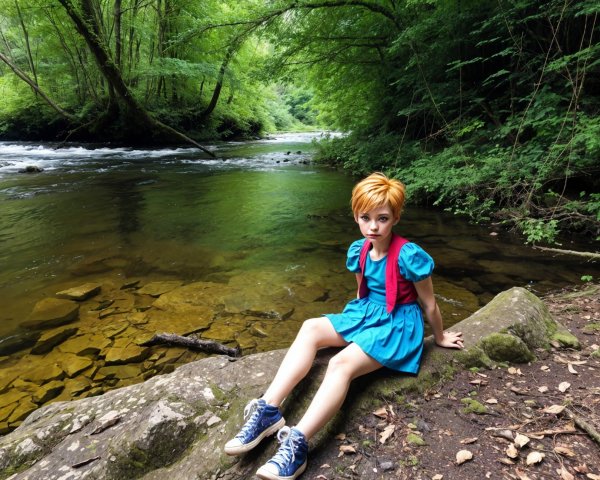 Child by Serene Riverbank in Bright Attire