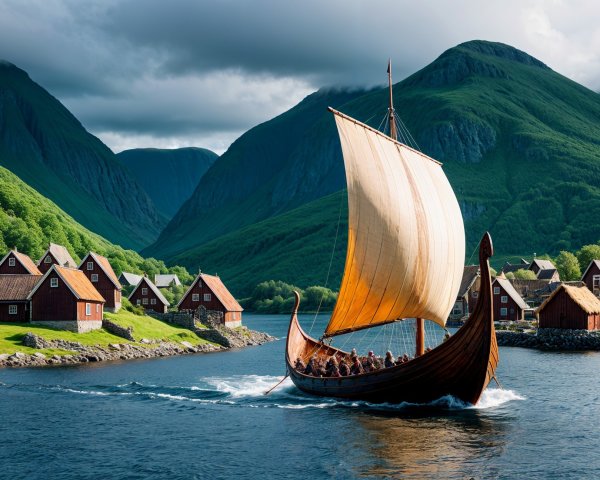 Viking Longship in Serene Fjord with Mountain Backdrop