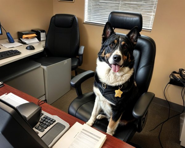 Dog in Office Chair with Star Badge and Natural Light
