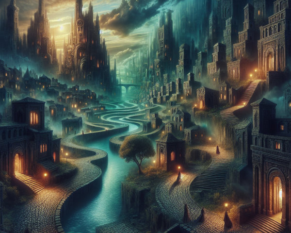 Ancient Cityscape at Twilight with Mystical Features