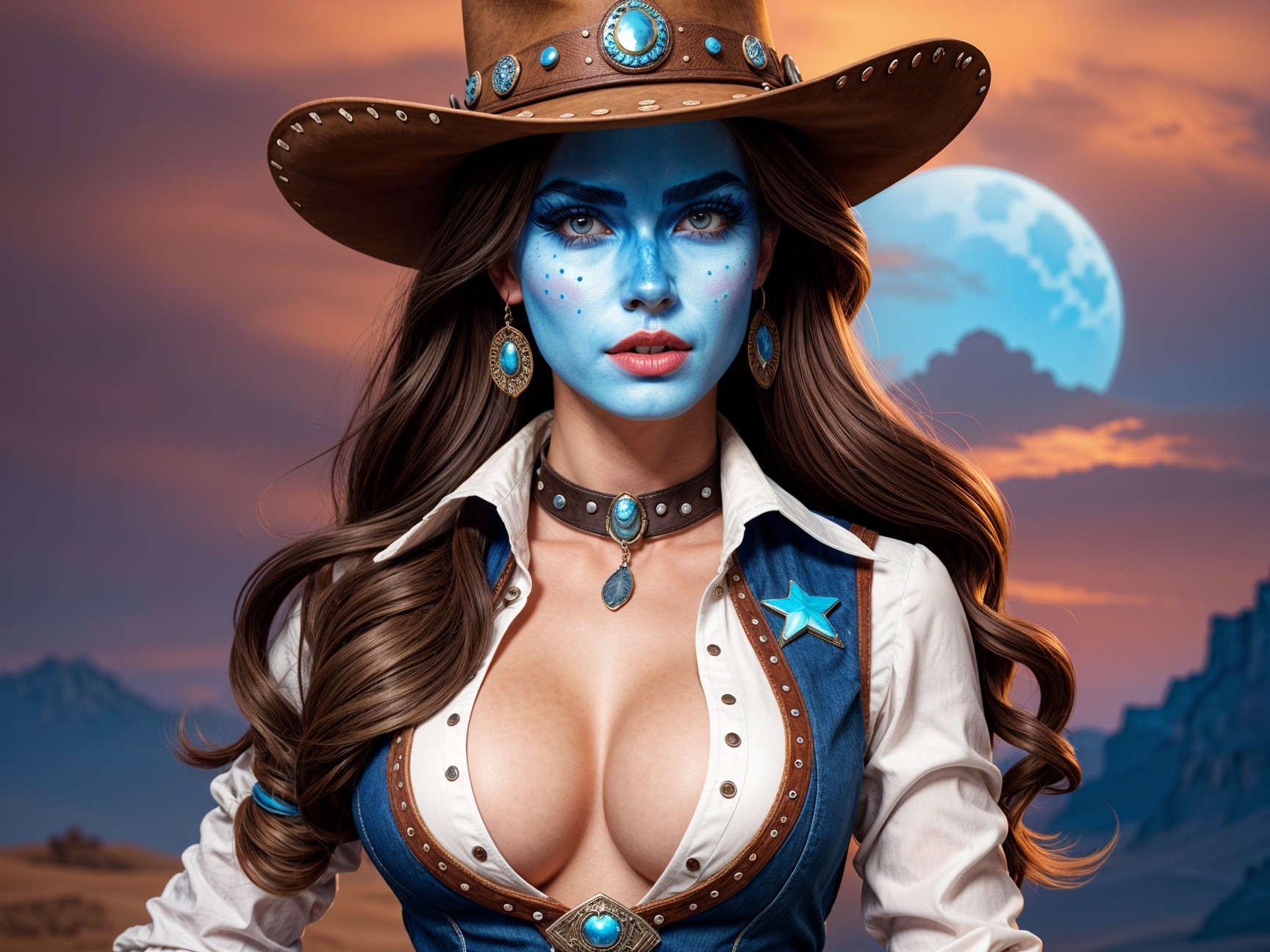 Cowboy Figure with Blue Face Paint and Sunset Background