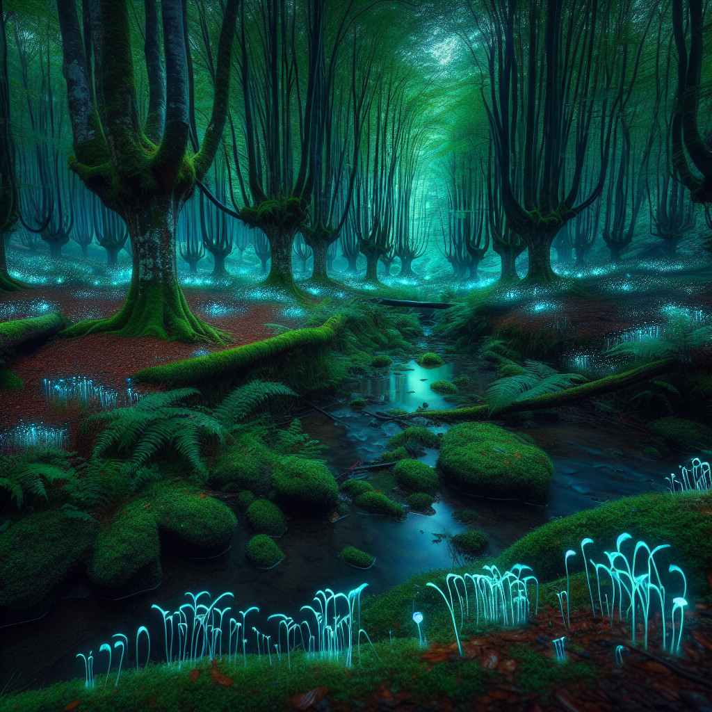 Mystical Forest with Ethereal Blue Light and Fungi