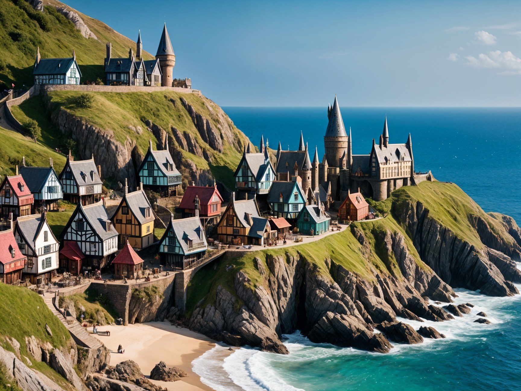 Coastal Village with Colorful Cottages and Cliffs