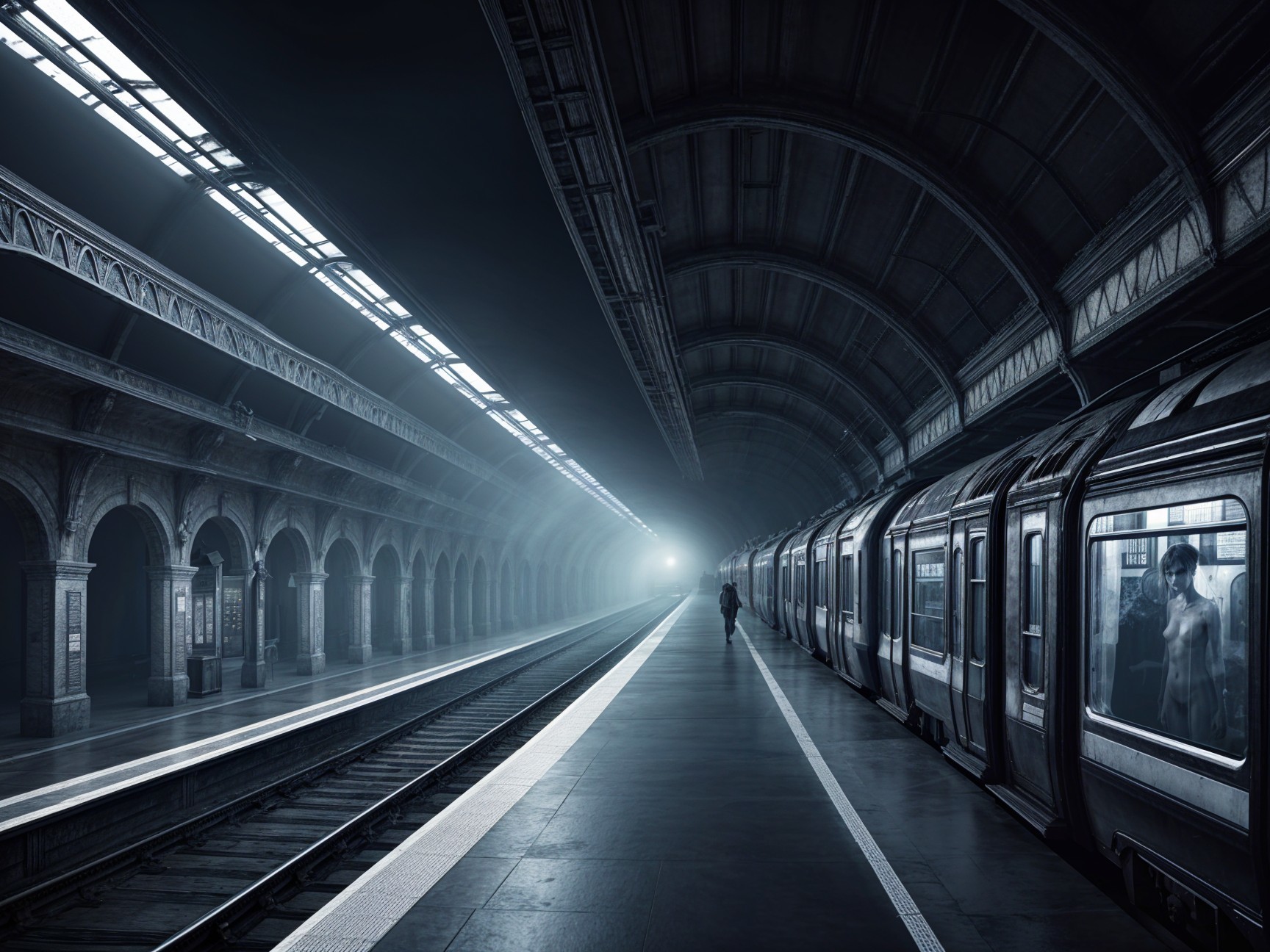 Dimly Lit Subway Station with Intricate Archway Design