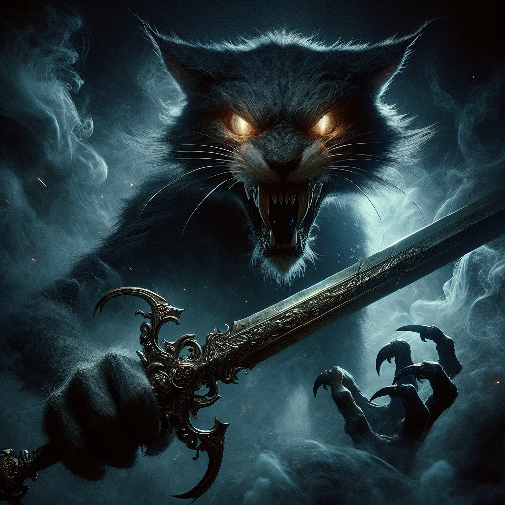 Fierce Black Cat with Sword in Dark Atmosphere