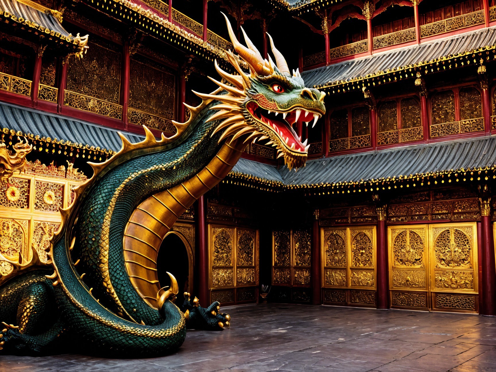 Intricate Dragon Statue in Luxurious Courtyard Setting