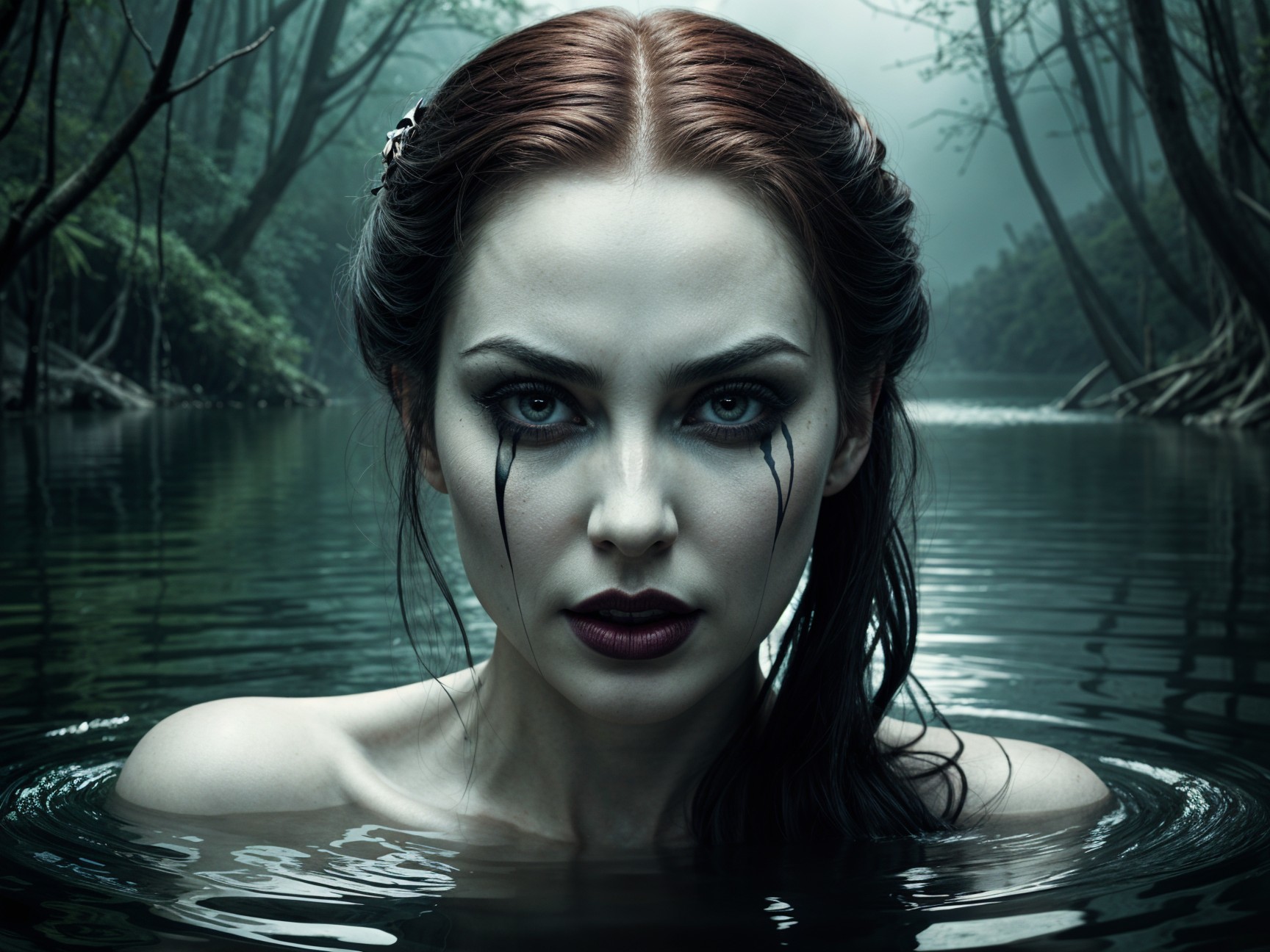 Ethereal Woman in Dark Water Surrounded by Trees