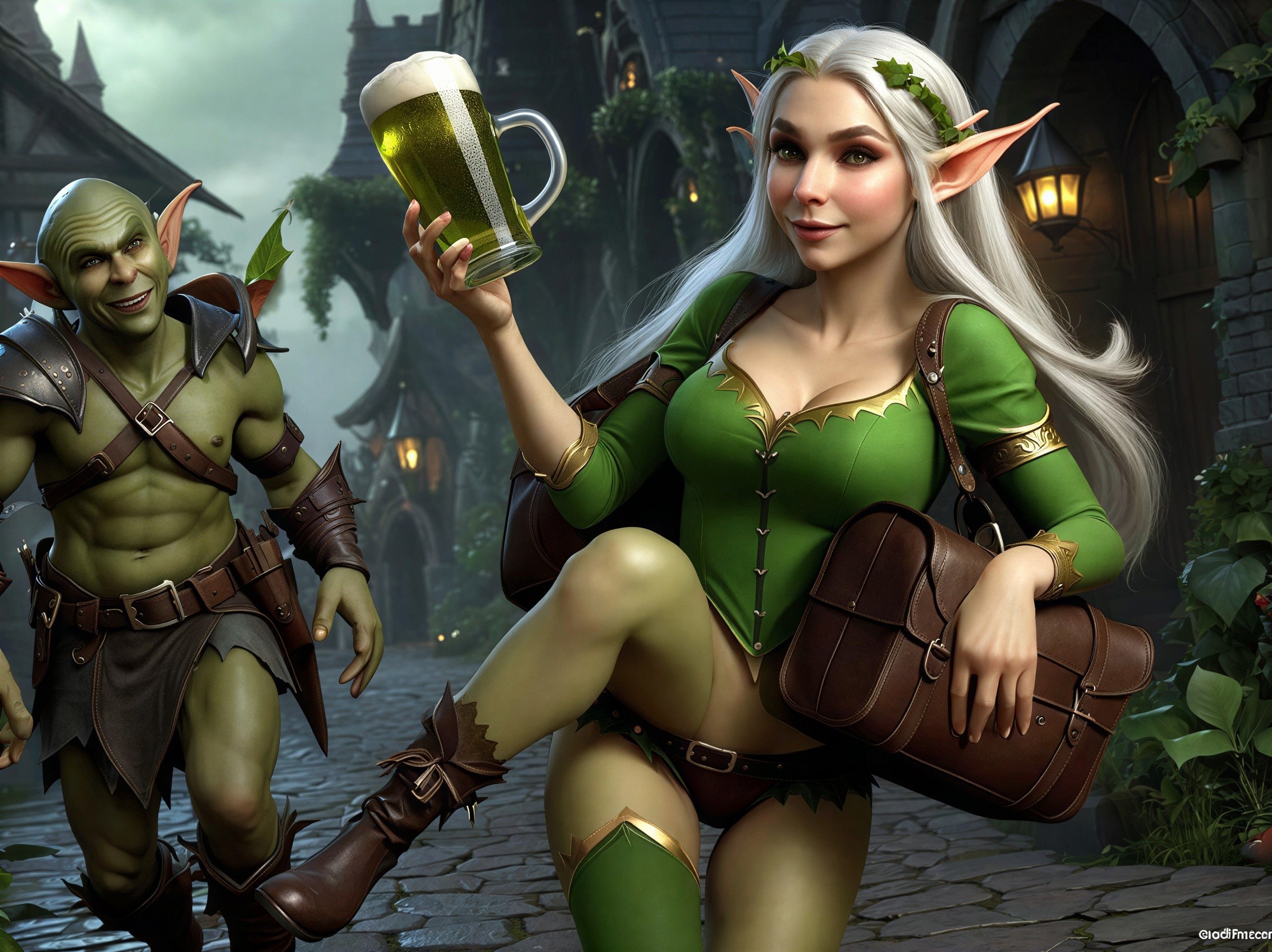 A woman and goblin on a cobblestone street with drinks