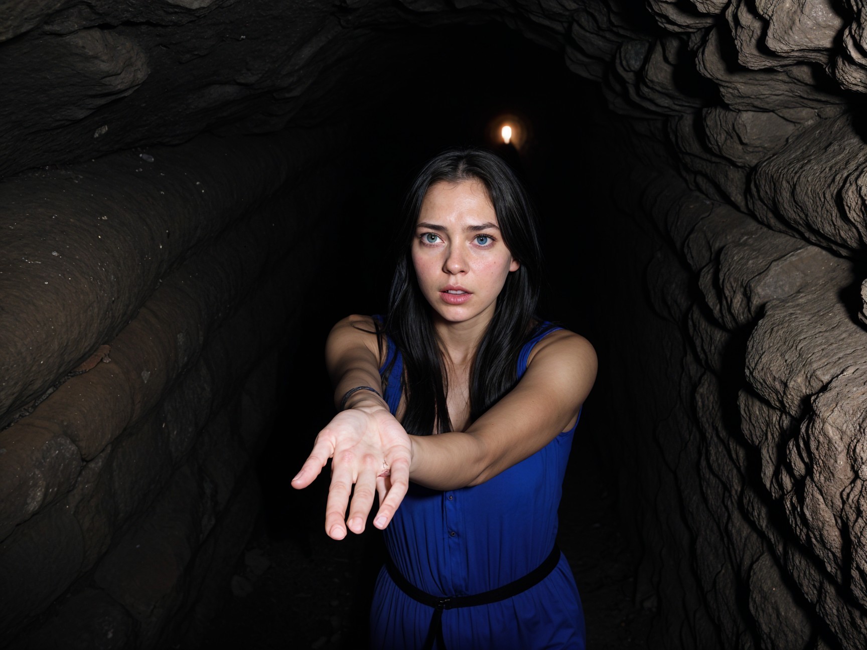 Young woman in blue dress in dim underground tunnel