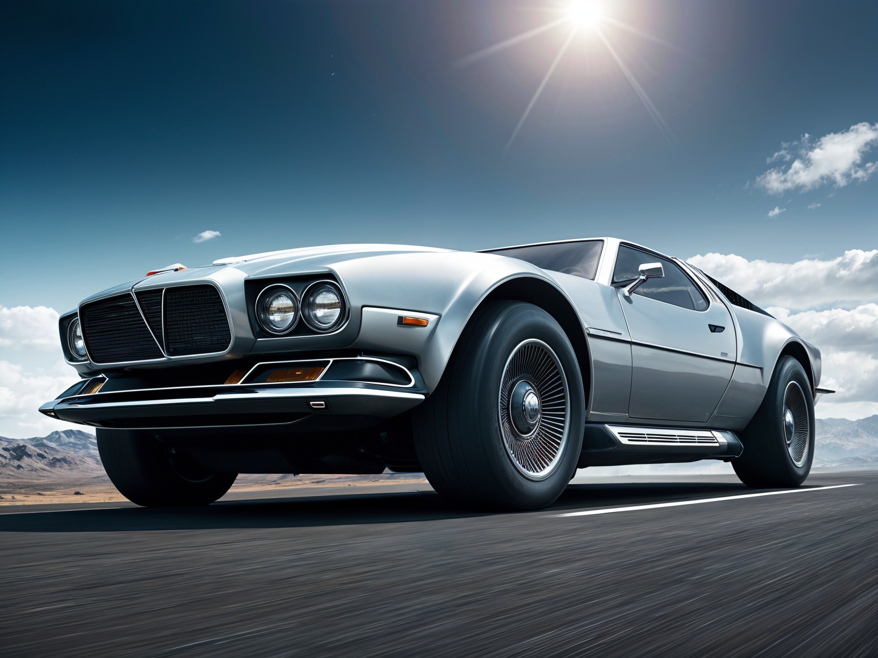 Retro-Styled Silver Sports Car Against Blue Sky