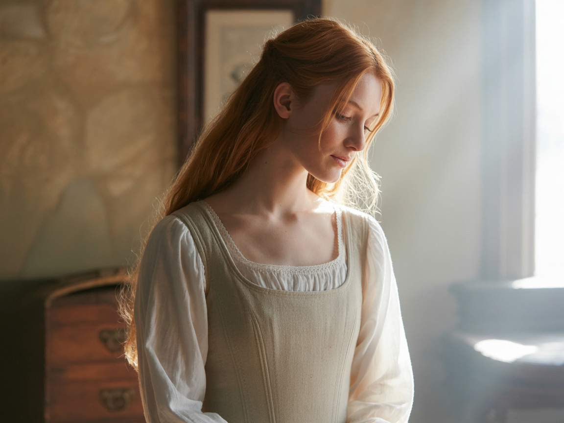 Young woman in light dress with flowing red hair