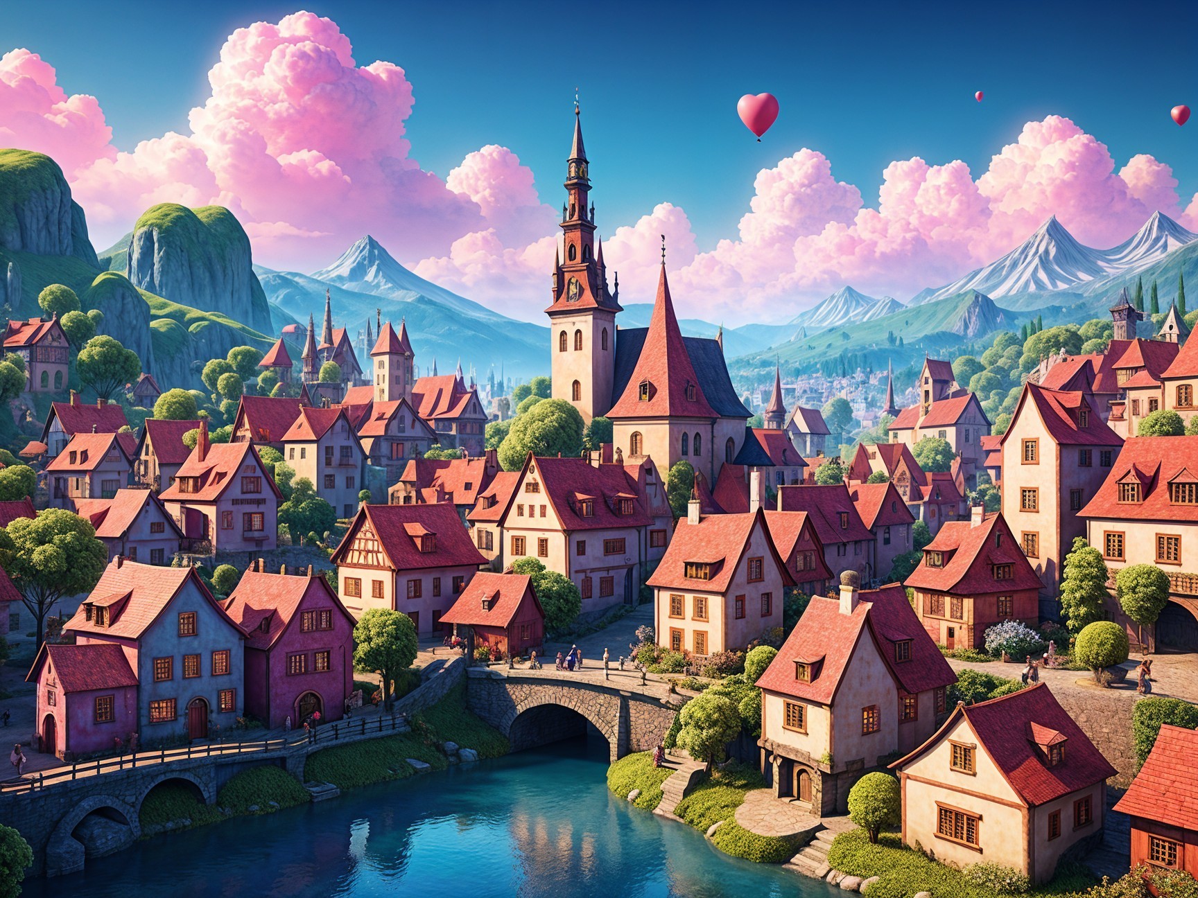 Picturesque Village with Colorful Houses and River