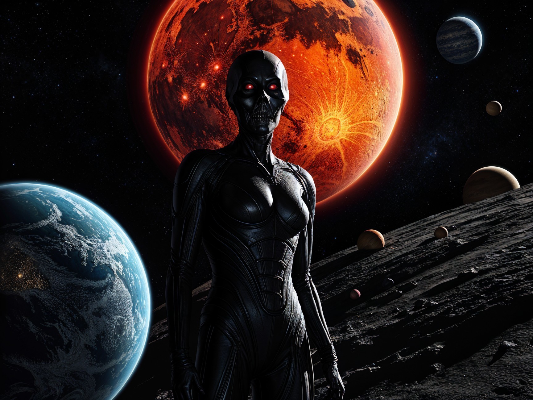 Futuristic humanoid figure on rocky surface with red planet