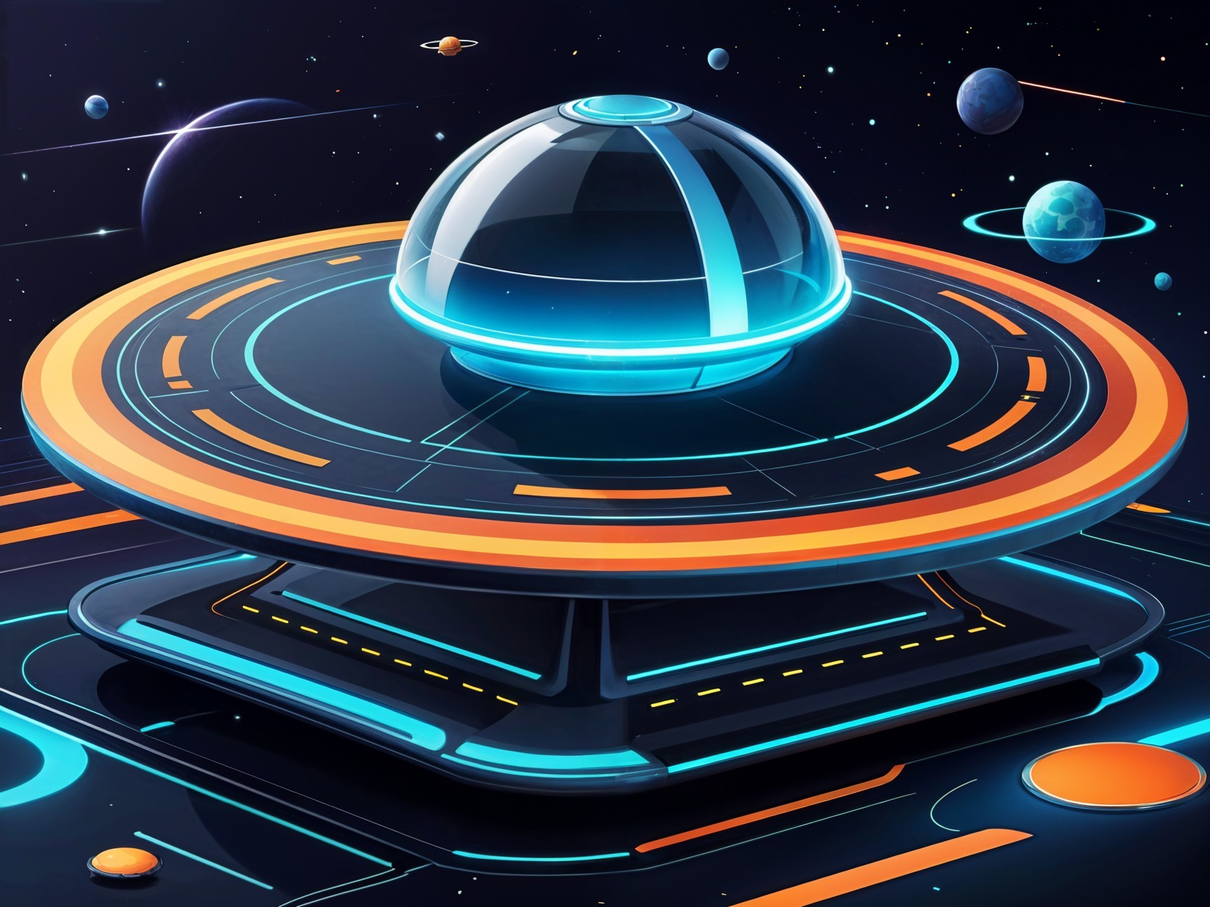 Futuristic Flying Saucer Above High-Tech Platform