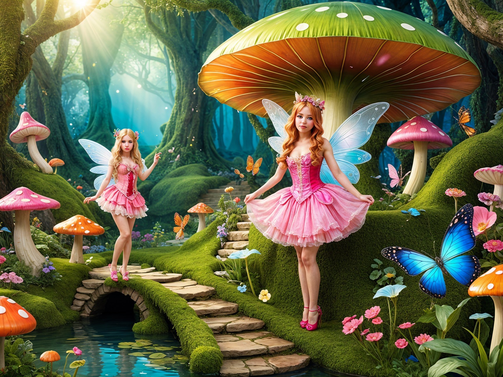 Whimsical Forest Scene with Fairies and Flowers